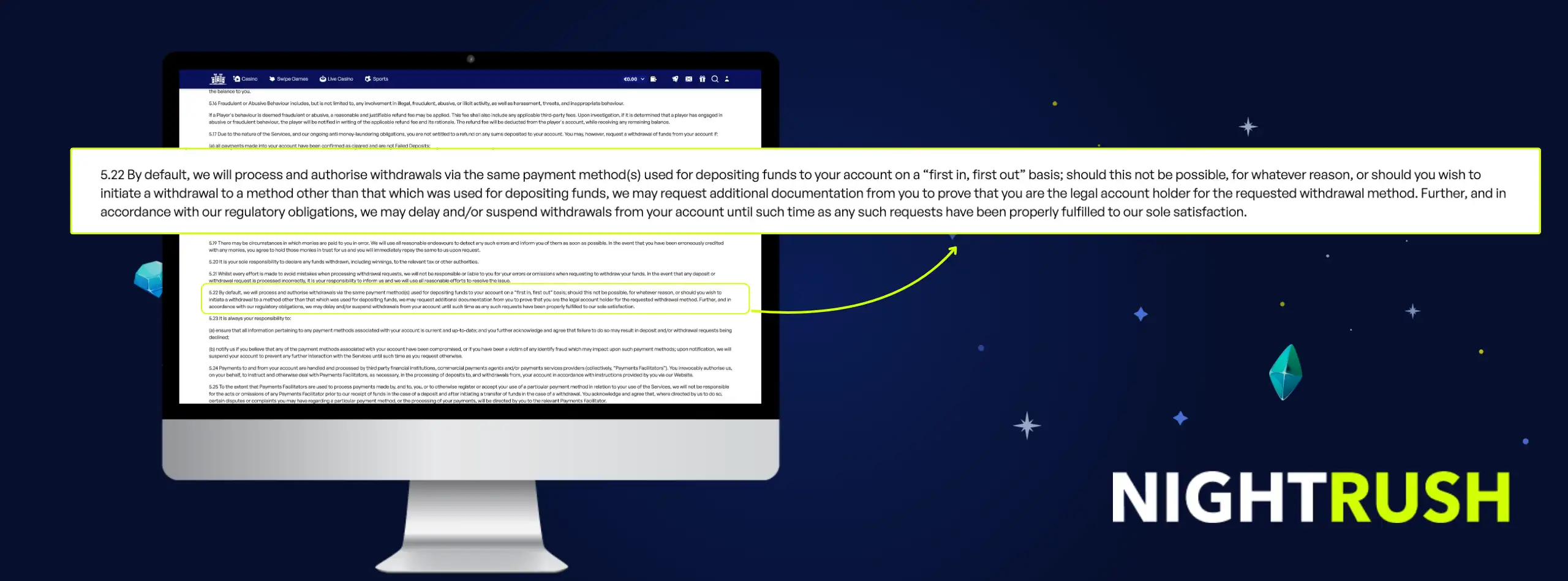 Computer monitor showing SkyHills Casino withdrawal terms page with a highlighted section explaining that cashouts are processed through the original deposit method, set against a dark blue starry background with the NeonDeuces branding visible on the right