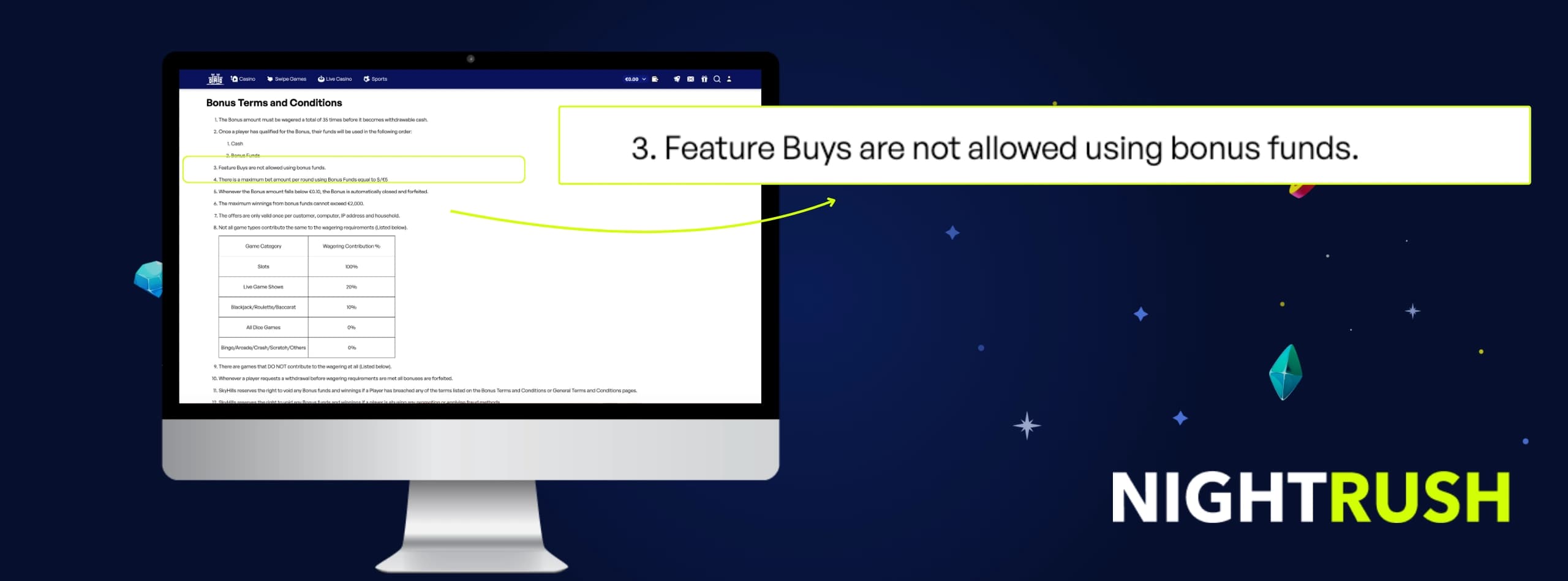 SkyHills Casino terms and conditions screen showing bonus funds cannot be used for Feature Buy purchases