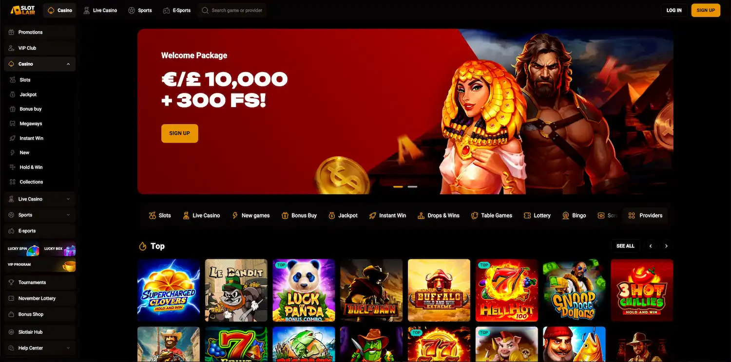 SlotLair Casino official homepage displaying the main lobby and featured games