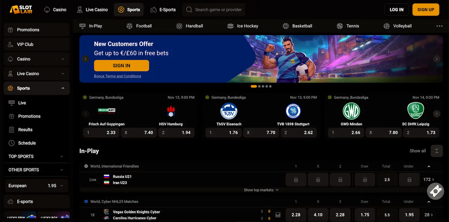SlotLair Casino sportsbook betting interface with live and pre-game markets