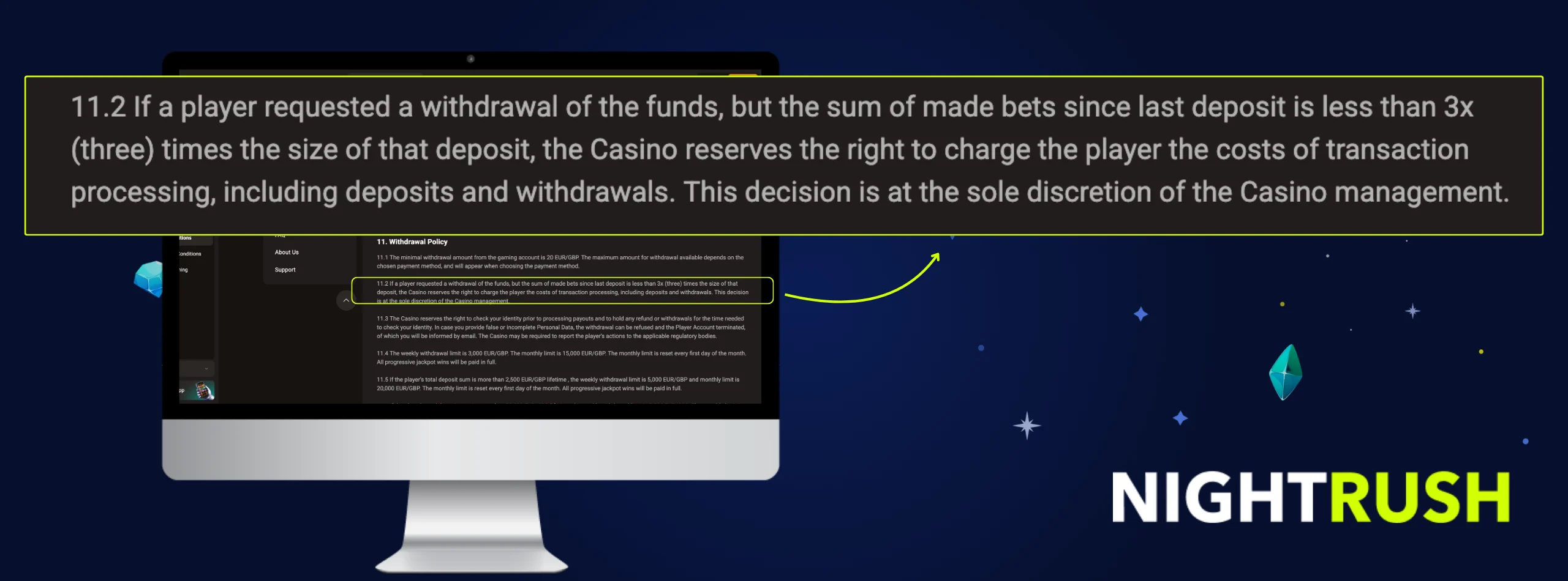 SlotLair Casino terms and conditions screen showing the 3x deposit wagering requirement needed to avoid transaction processing fees
