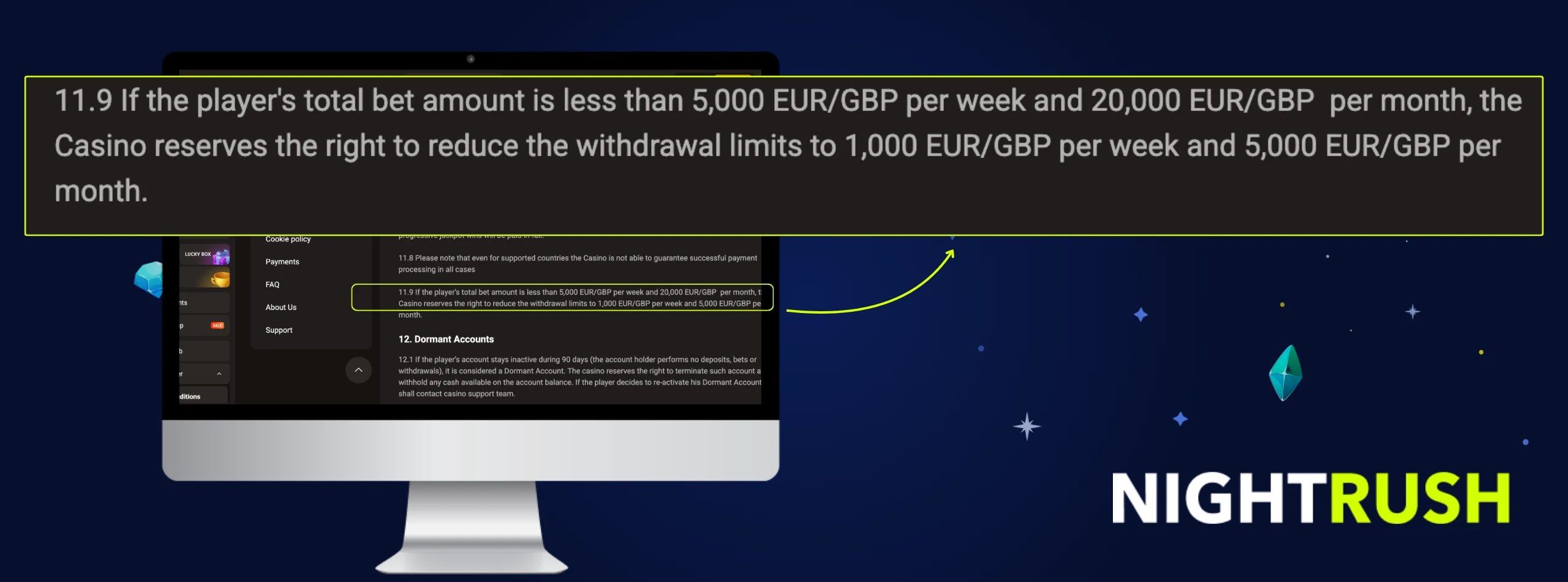 SlotLair Casino terms and conditions screen showing reduced withdrawal limits for players with low total bet amounts