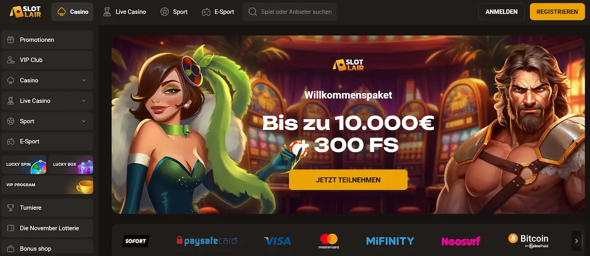 SlotLair Casino Startseite mit dem aktuellen Willkommenspaket für neue Spieler