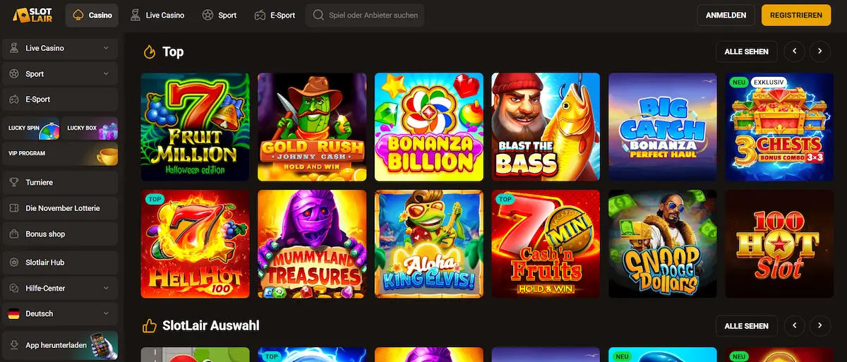 SlotLair Casino Startseite mit Übersicht des Willkommenspakets