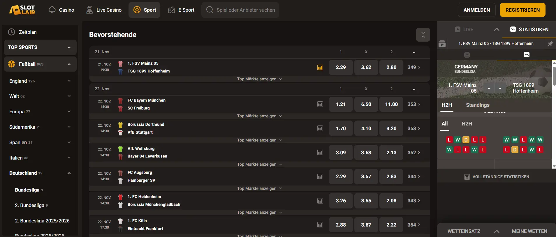 SlotLair Sportwetten mit Live-Wetten Übersicht