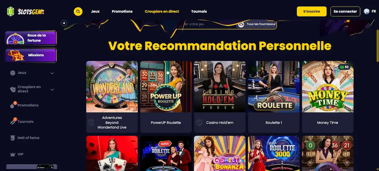 Section des jeux en direct avec croupiers professionnels sur Slotsgem Casino