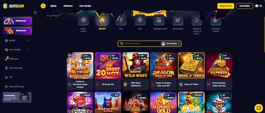 Übersicht der Spielauswahl im Slotsgem Casino.