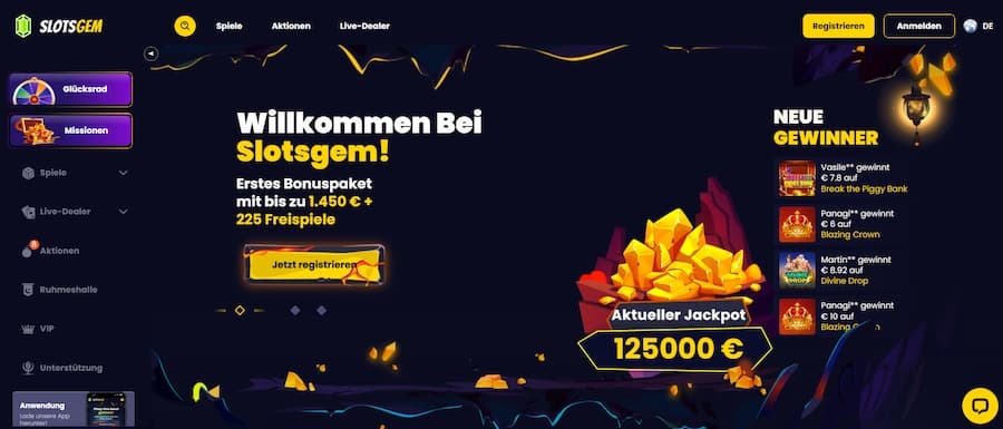Slotsgem Casino Startseite – Übersicht der Spieloberfläche