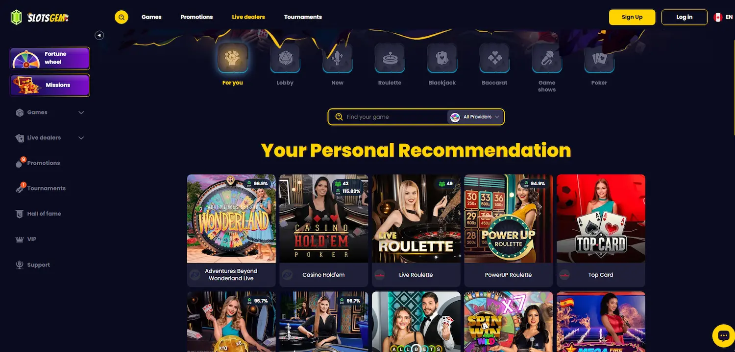 Slotsgem Casino live dealer games lobby for Canadian players