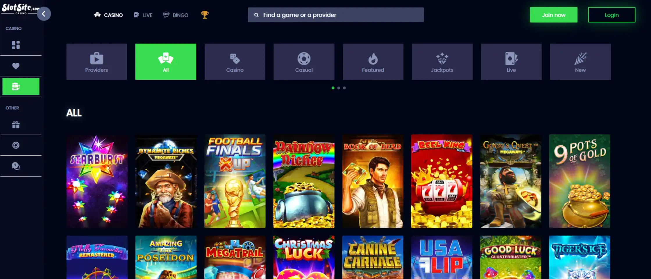 SlotSite.com casino games lobby page showing available titles