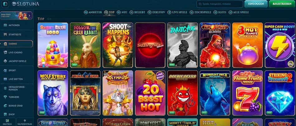 Übersicht der verfügbaren Casinospiele im Slotuna Online Casino für deutsche Spieler