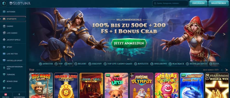 Slotuna Casino Startseite mit Spielangebot und Bonusaktionen