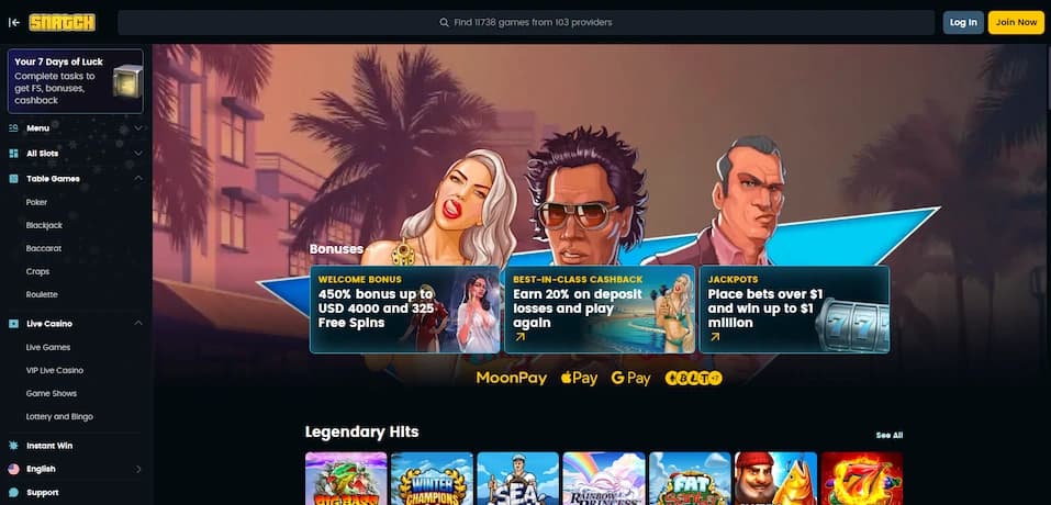 Snatch Casino official homepage banner and interface