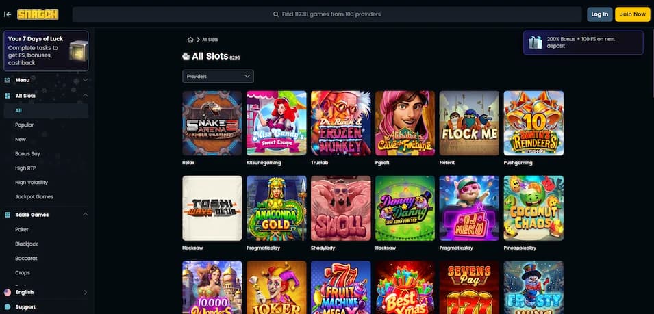 Snatch Casino game lobby displaying a wide selection of slot titles
