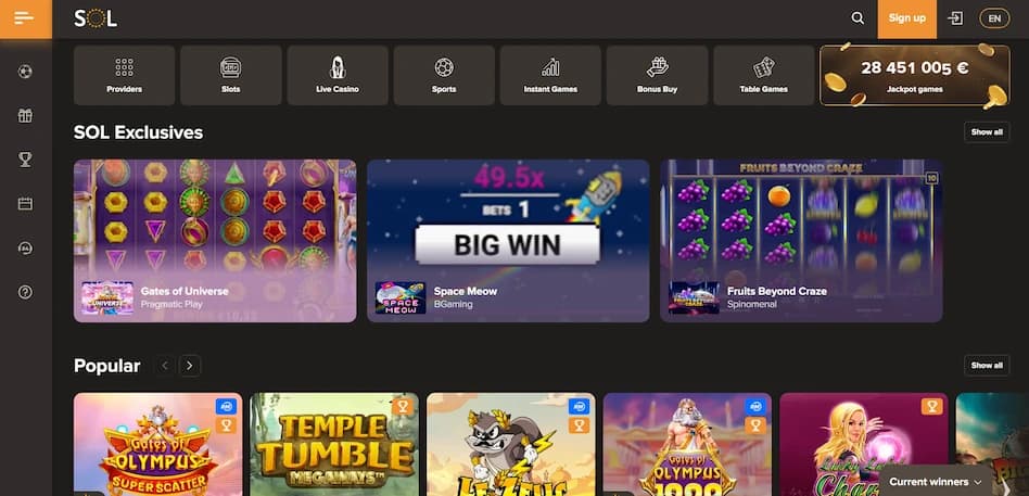 SOL Casino homepage banner showing the main lobby and navigation menu