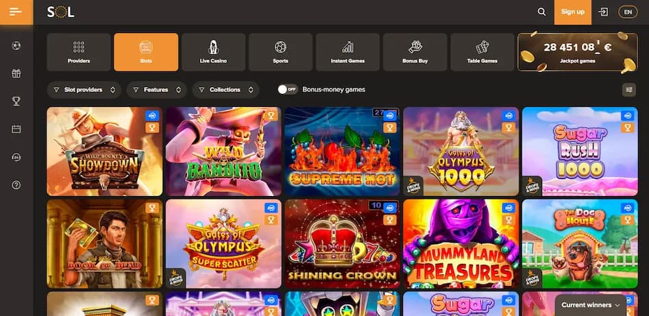 SOL Casino slot games lobby banner
