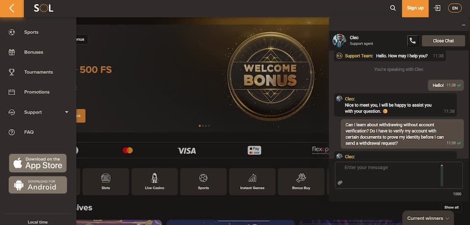 SOL Casino live chat support response showing instant agent reply