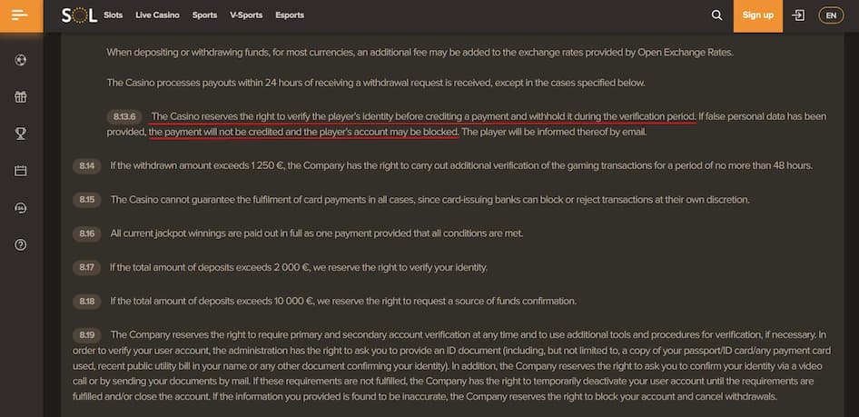 SOL Casino identity verification and account security terms for withdrawals