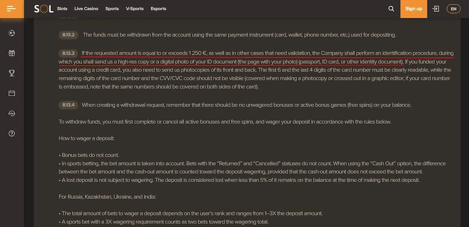 SOL Casino terms and conditions page showing withdrawal and verification rules