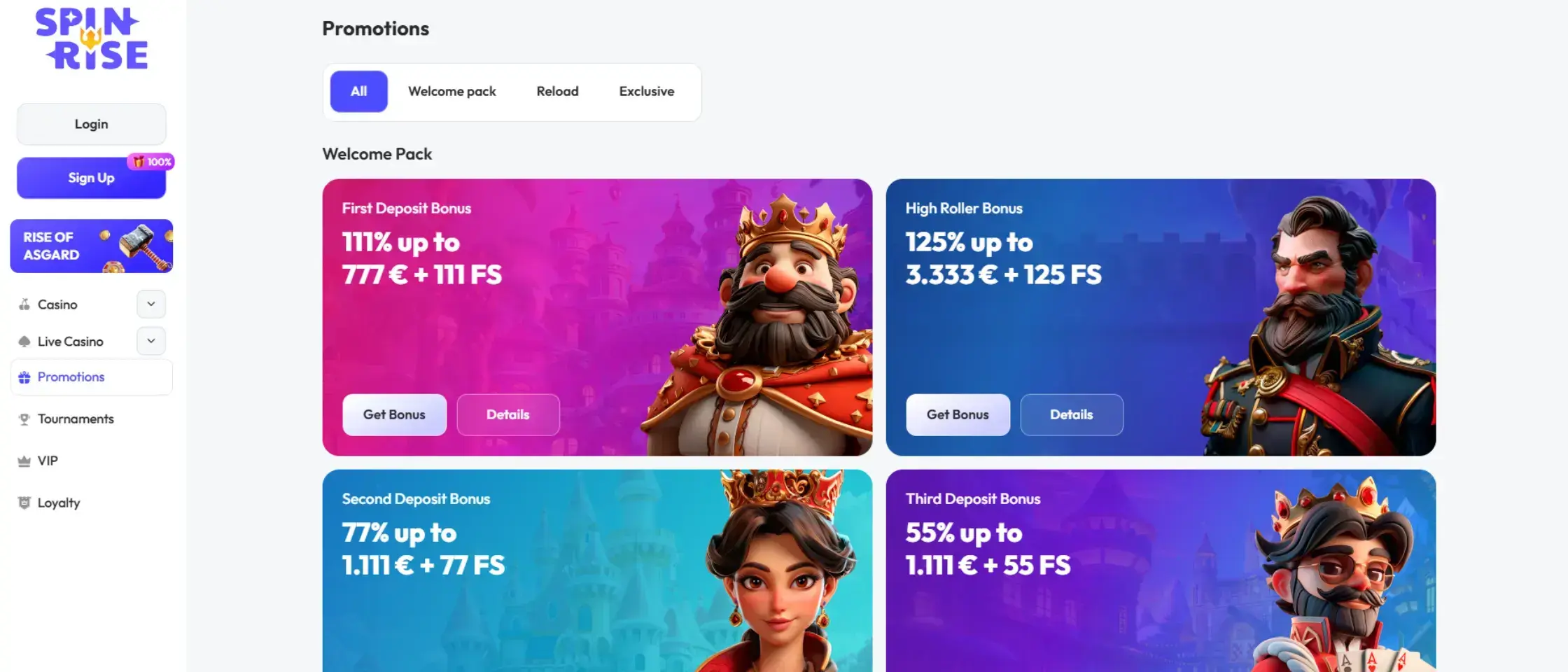 Spinrise promotions page featuring welcome bonus offers alongside animated royal character graphics