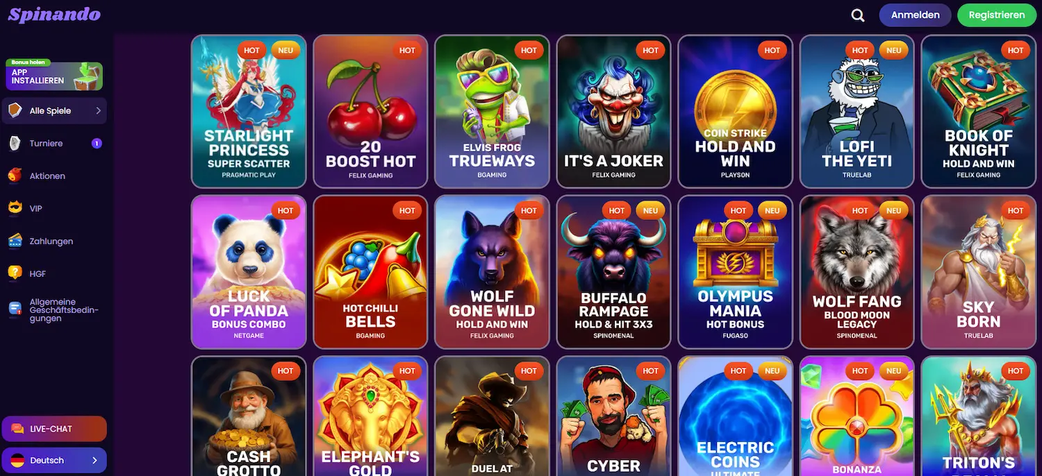 Spinando Startseite mit einer Auswahl populärer Spielautomaten