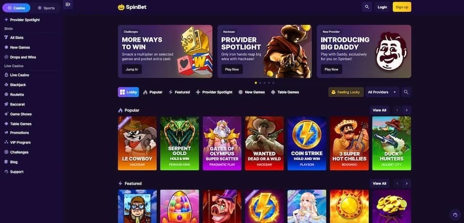 Interface principale de SpinBet Casino affichant les machines à sous les plus populaires