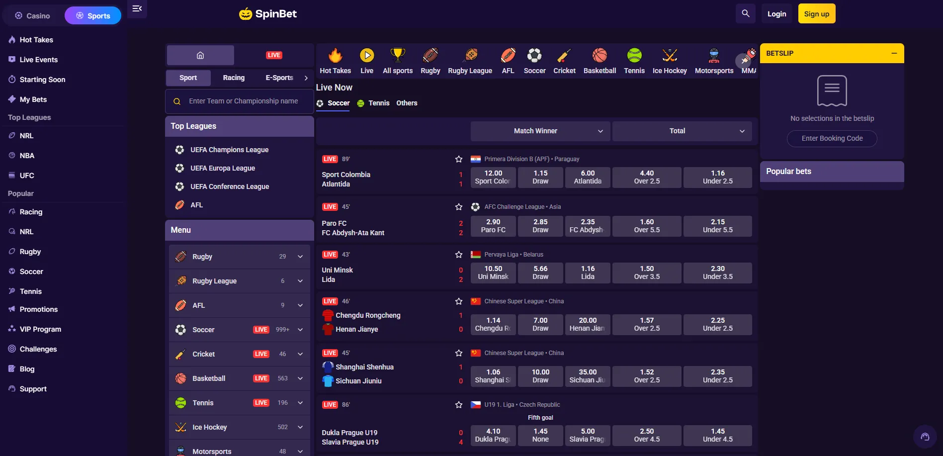 SpinBet Casino sports betting page with live odds and markets
