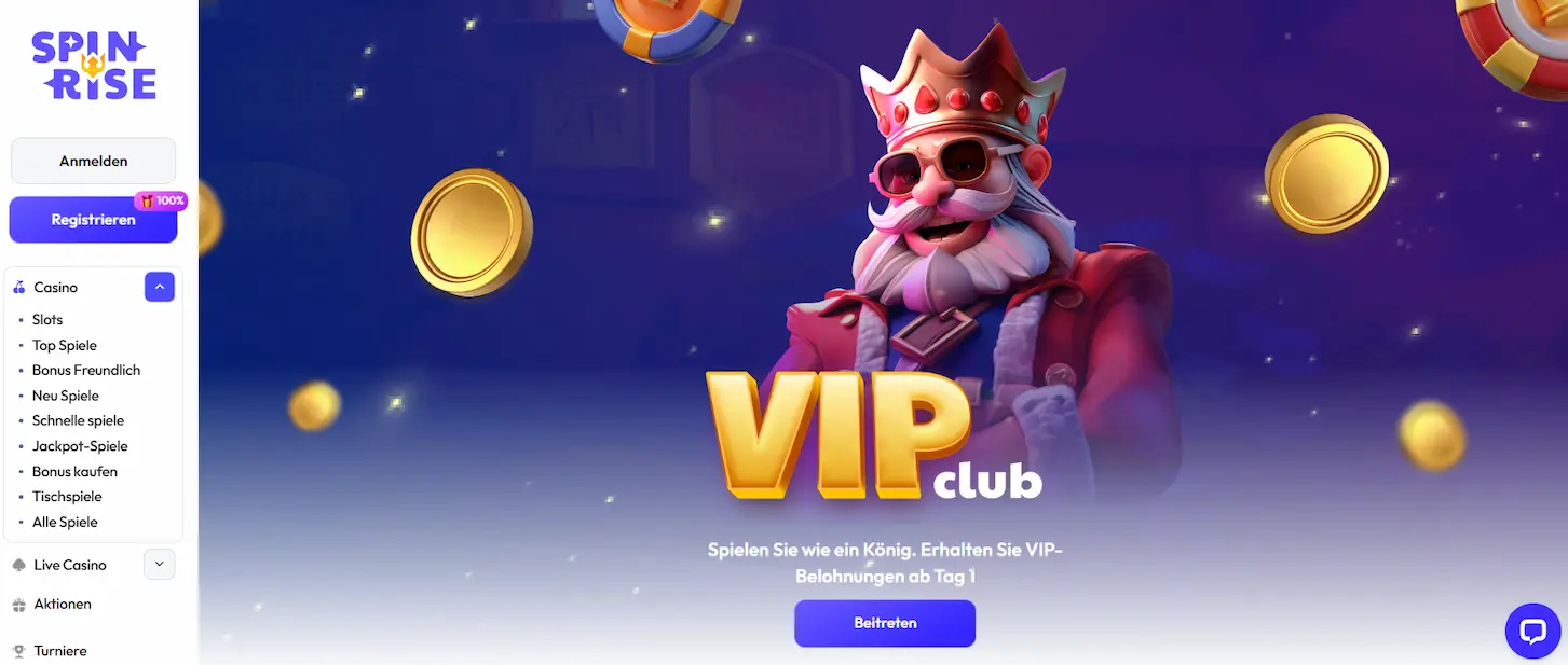 Spinrise Casino Webseite mit VIP Club Bereich