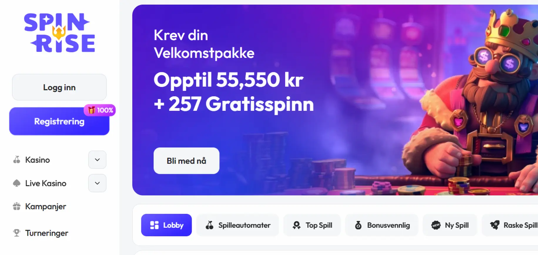Spinrise casino sin hjemmeside med navigasjonsmeny til venstre, velkomsttilbud og casinoets maskot til høyre.