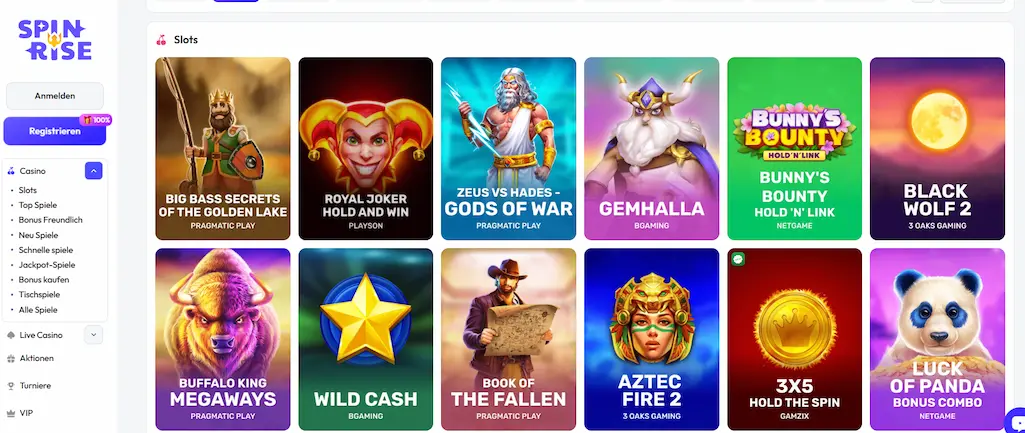 Spielauswahl im Spinrise Casino mit verschiedenen Slots und Tischspielen