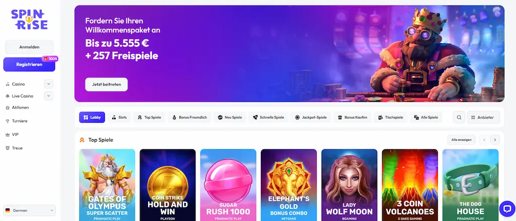 Spinrise Startseite mit Willkommenspaket, Freispielen und einer Auswahl an Spielautomaten