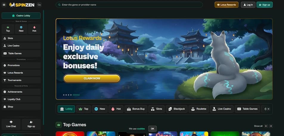 Spinzen Casino official homepage banner for Canadian players