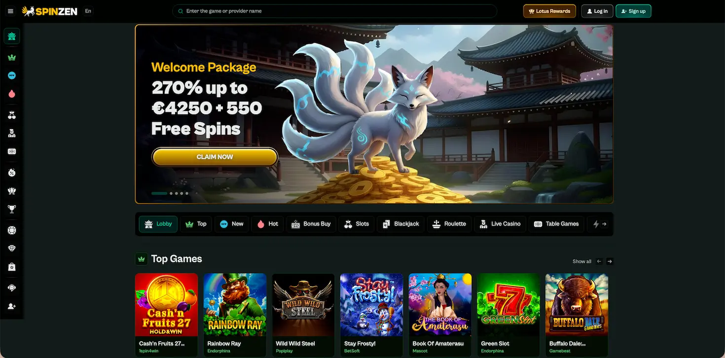 Spinzen Casino official homepage banner showing game lobby and promotions