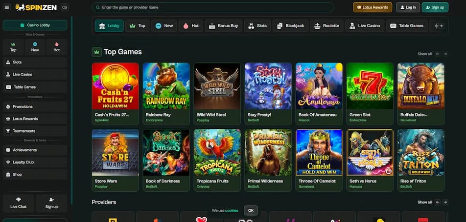 Spinzen Casino Canada game lobby showing slot categories