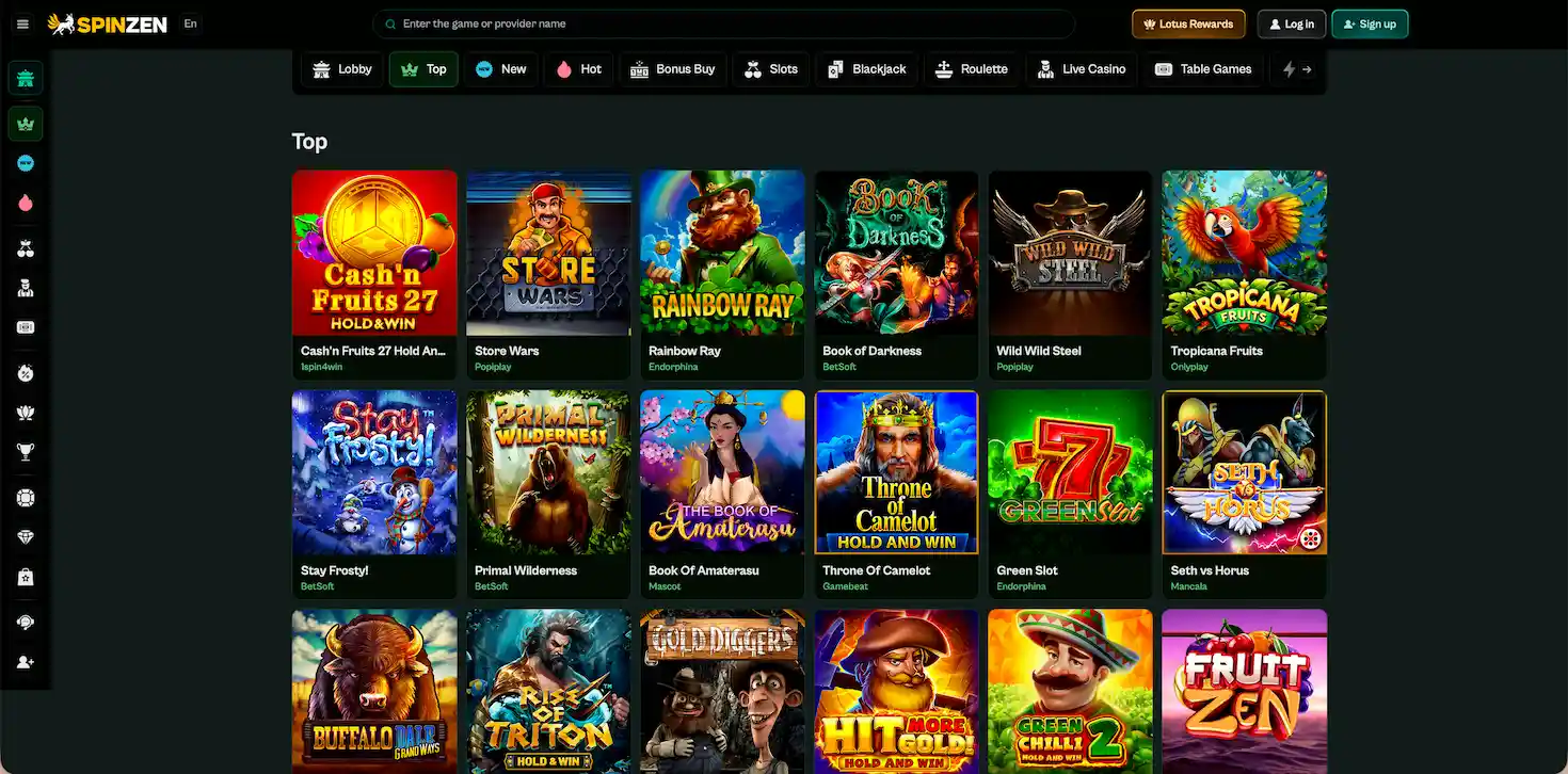 Spinzen Casinon pelivalikoima ja navigointivalikot näytöllä englannin kielellä