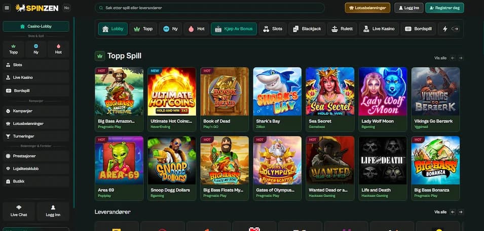 Oversikt over Spinzen Casinos spilllobby med bredt spillutvalg