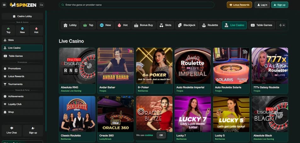Spinzen Casino live dealer games lobby for Canadian players