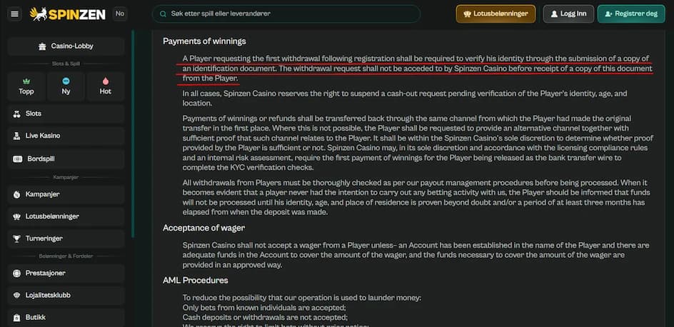 KYC-verifiseringsprosessen hos Spinzen Casino for norske spillere