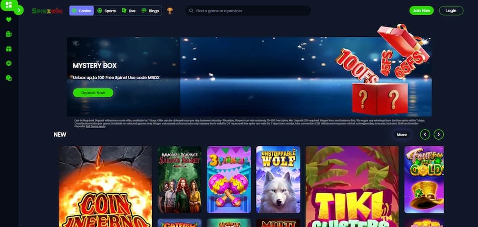 Spinzwin Casino homepage displaying bonus promotions, new game releases, and navigation menu on a blue background.