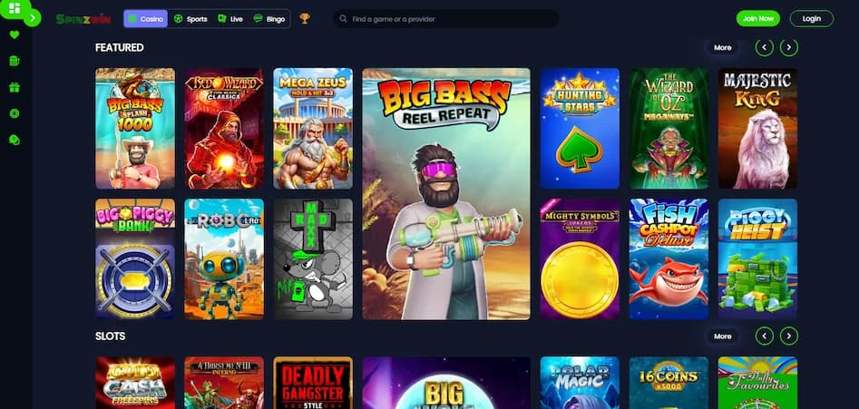 Spinzwin Casino game lobby showing featured titles, slots categories, and navigation menu on a blue background.