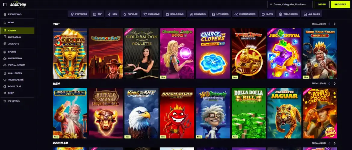 Sportuna Casino Homepage featuring game lobby and promotional banners