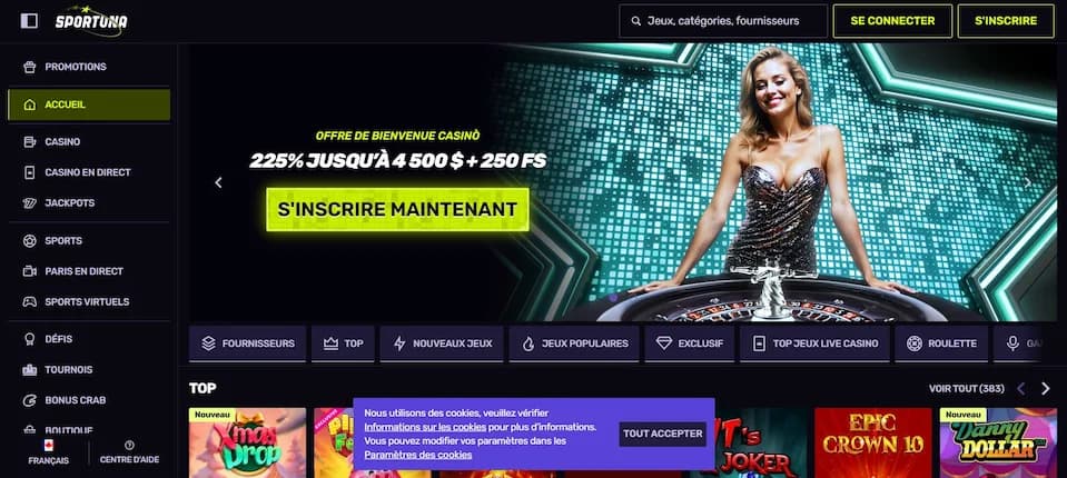 Bannière promotionnelle de Sportuna présentant l'offre de bienvenue de 225 % jusqu'à 4 500 $ et 250 tours gratuits, avec une croupière devant une table de roulette et un bouton d'inscription.