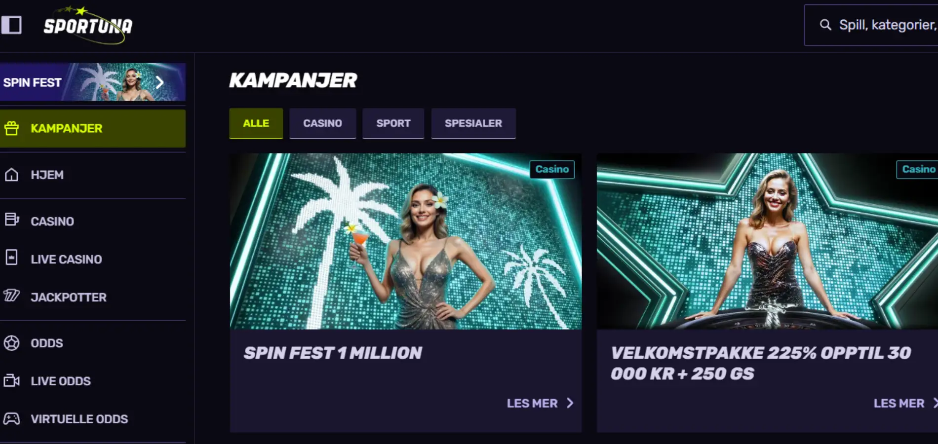 Sportuna casino-banner med kampanjetilbudet 'Spin Fest 1 Million' fremhevet.