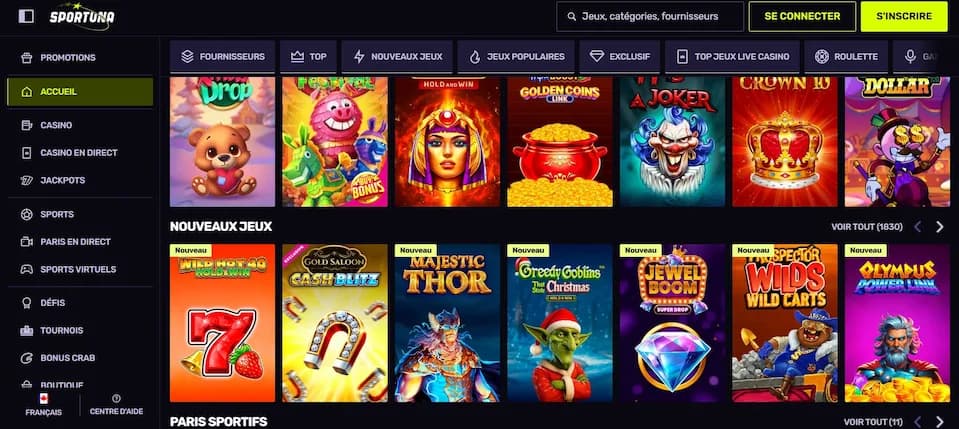 Lobby du casino Sportuna présentant une sélection de nouvelles machines à sous avec le menu de navigation latéral affiché à gauche de l'écran.