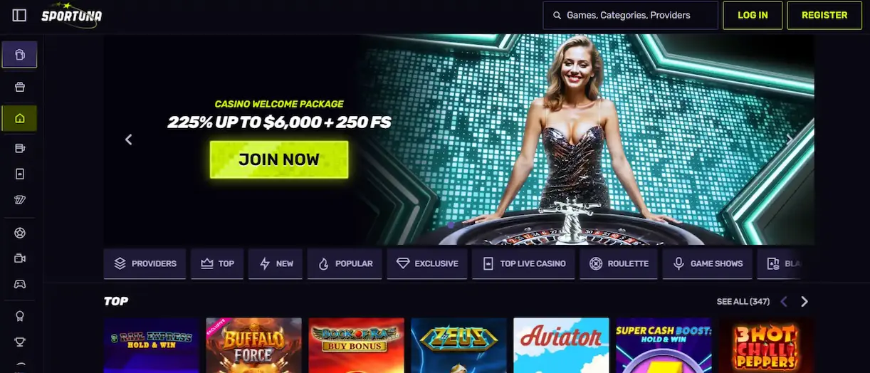 Sportuna Casino NZ homepage showcasing games and bonuses