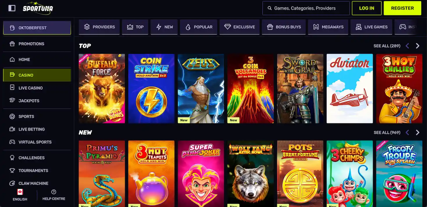 Sportuna Casino lobby showing the full game selection for Canadian players.