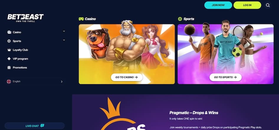 Betbeast Casino homepage featuring a dark-themed interface with the brand logo, sports betting markets, and casino game navigation.