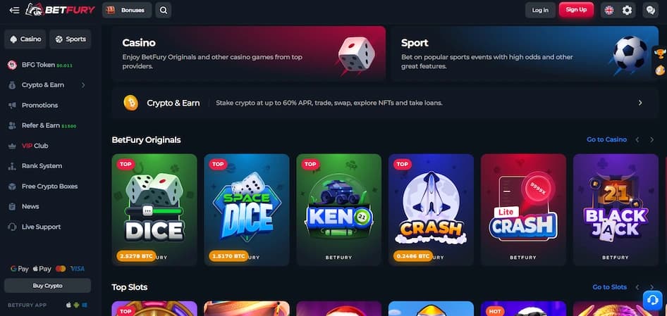 BetFury Casino homepage displaying original games and navigation menu on a dark-themed interface.