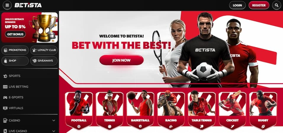 Betista casino homepage featuring a sidebar navigation menu, a promotional banner with three athletes, a Join Now button, and the tagline "Welcome to Betista Bet with the Best" alongside featured sports categories