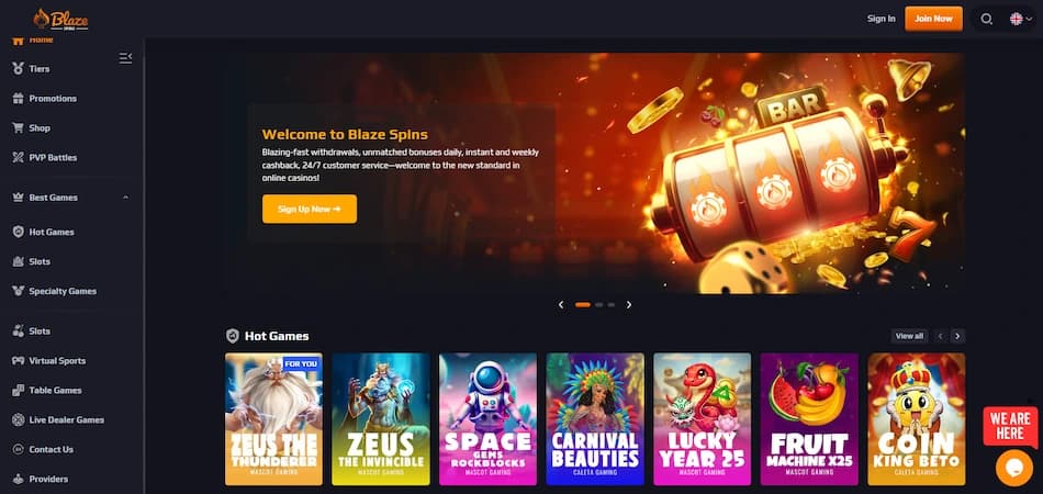 Blaze Spins casino homepage displaying the welcome banner, navigation menu, featured hot games section, and Sign In and Join Now buttons.